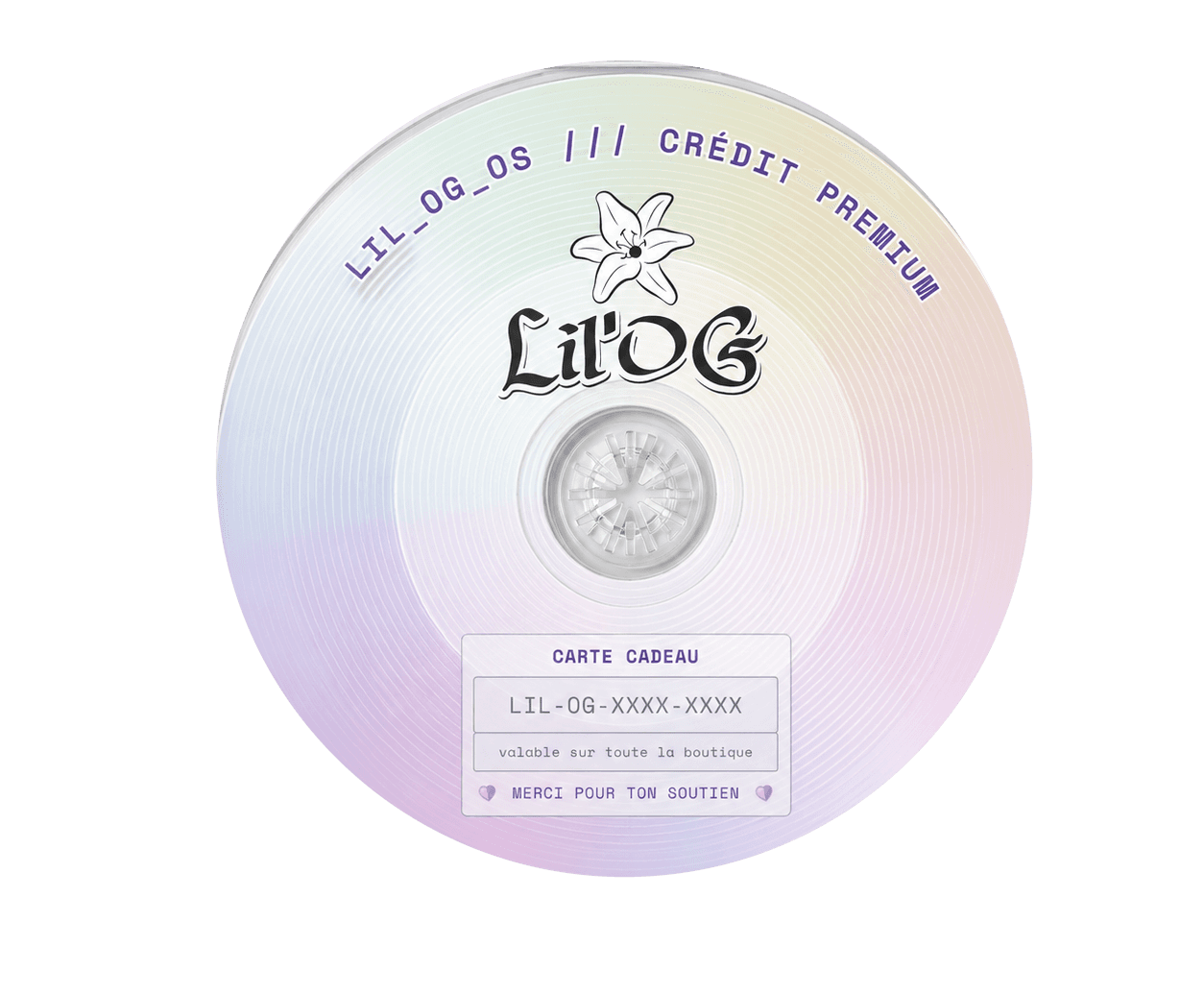 Le disque de la carte cadeau, numéro de série gravé au centre.